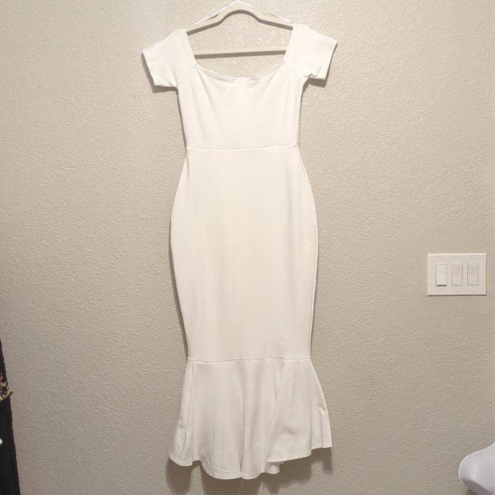 Lulu's How Much I Care ivory off shoulder fitted bodycon trumpet midi dress - Picture 12 of 12
